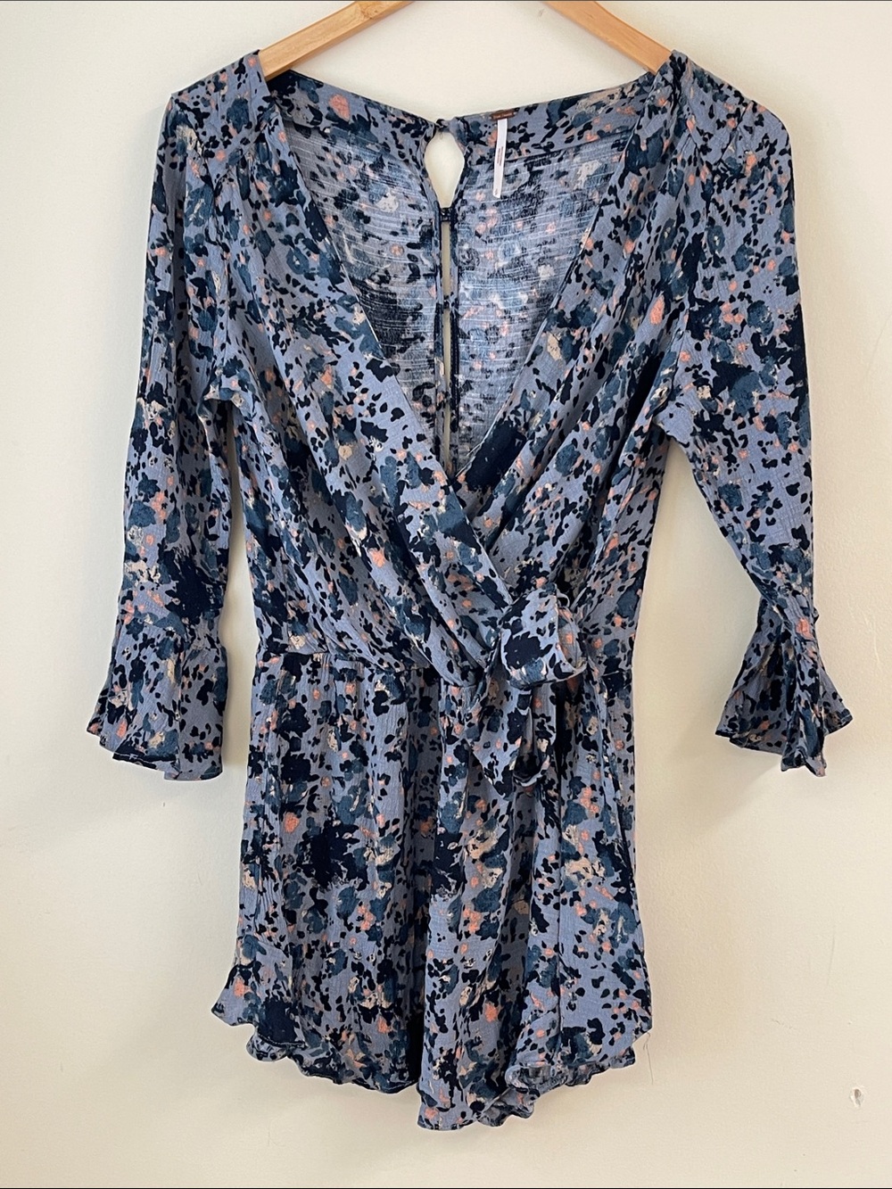 Free People Floral Wrap Romper S Blue Boho Ruffle Sleeve